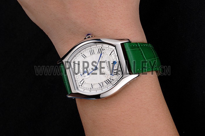 Cartier Tortue Perpetual Calendar White Dial Stainless Steel Case Green Leather Strap