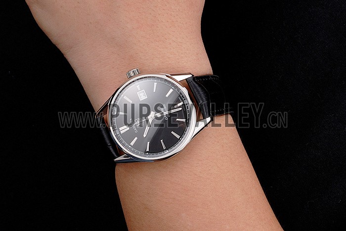 Swiss Tag Heuer Carrera Calibre 5 Black Dial Stainless Steel Case Black Leather Strap