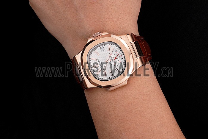 Patek Philippe Nautilus White Dial Rose Gold Case Brown Leather Strap