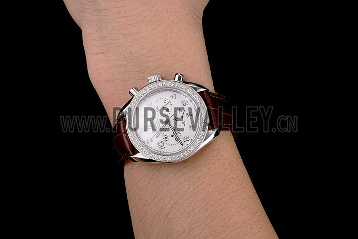 Omega Speedmaster White Dial Stainless Steel Case Diamond Bezel Brown Leather Strap