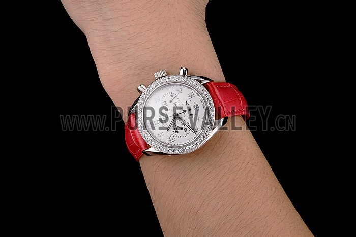 Omega Speedmaster White Dial Stainless Steel Case Diamond Bezel Pink Leather Strap