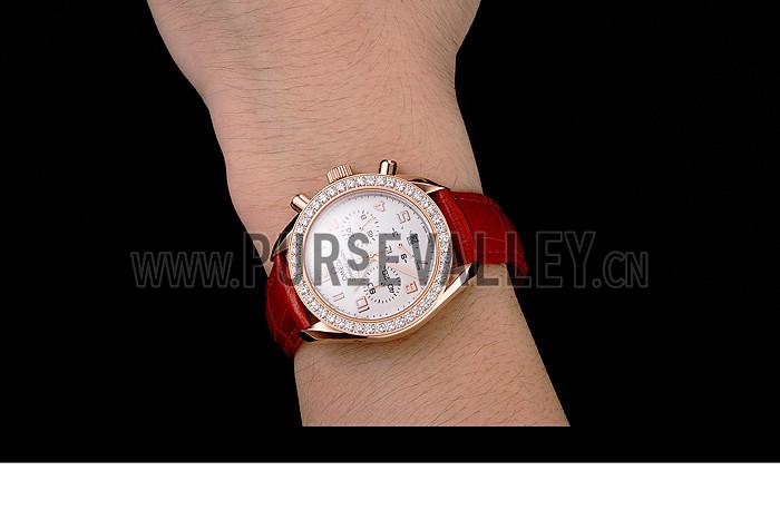 Omega Speedmaster White Dial Rose Gold Case Diamond Bezel Red Leather Strap