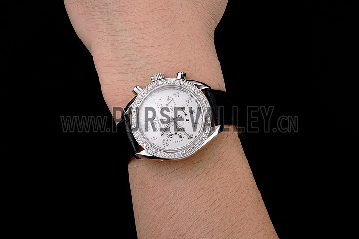 Omega Speedmaster White Dial Stainless Steel Case Diamond Bezel Black Leather Strap