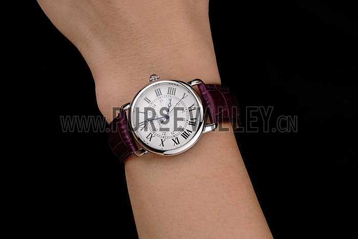 Cartier Ronde White Dial Stainless Steel Case Purple Leather Strap
