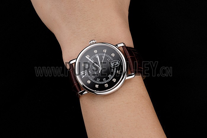 Cartier Ronde Solo Black Dial Diamond Hour Marks Stainless Steel Case Brown Leather Strap