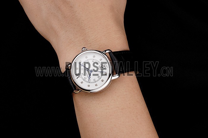 Cartier Ronde White Dial Diamond Hour Marks Stainless Steel Case Black Leather Strap