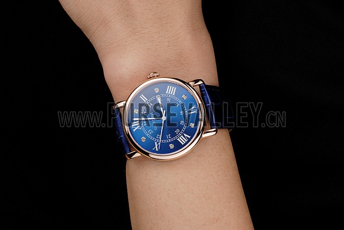 Cartier Ronde Solo Blue Dial Diamond Hour Marks Rose Gold Case Blue Leather Strap