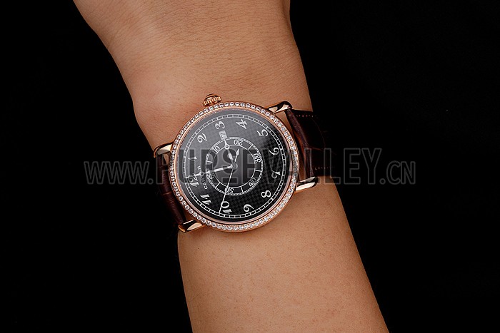 Cartier Ronde Solo Black Dial Diamond Bezel Rose Gold Case Brown Leather Strap