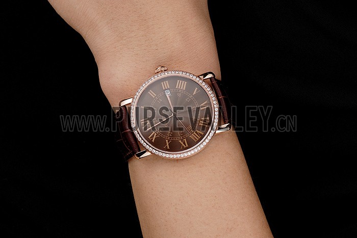 Cartier Ronde Solo Brown Dial Diamond Bezel Rose Gold Case Brown Leather Strap