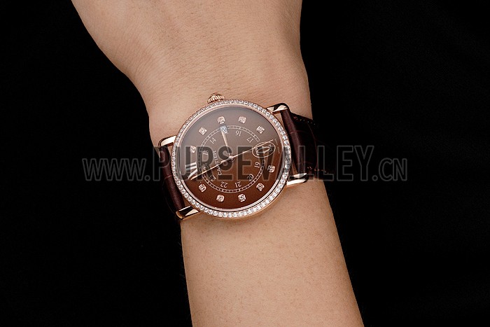 Cartier Ronde Solo Brown Dial Diamond Hour Marks And Bezel Rose Gold Case Brown Leather Strap