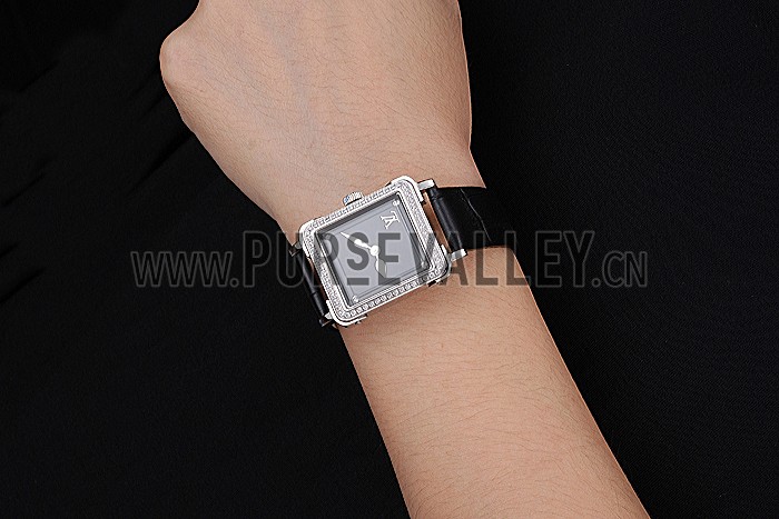 Louis Vuitton Emprise Black Dial Stainless Steel Case With Jewels Black Leather Strap 622789