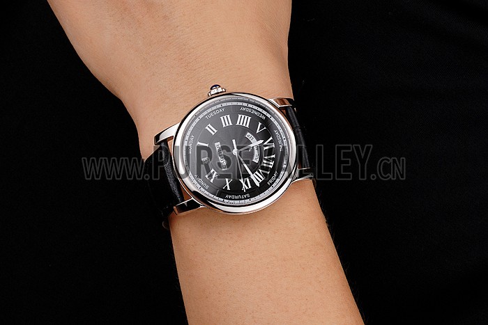 Swiss Cartier Rotonde Annual Calendar Black Dial Stainless Steel Case Black Leather Strap
