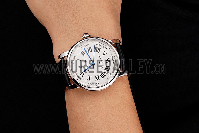 Swiss Cartier Rotonde Annual Calendar White Dial Stainless Steel Case Black Leather Strap