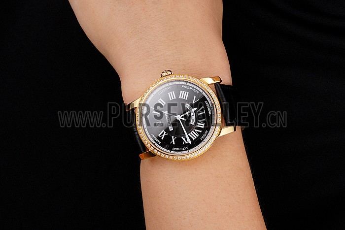 Swiss Cartier Rotonde Annual Calendar Black Dial Diamond Bezel Gold Case Black Leather Strap