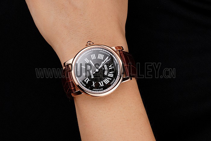 Swiss Cartier Rotonde Annual Calendar Black Dial Rose Gold Case Brown Leather Strap
