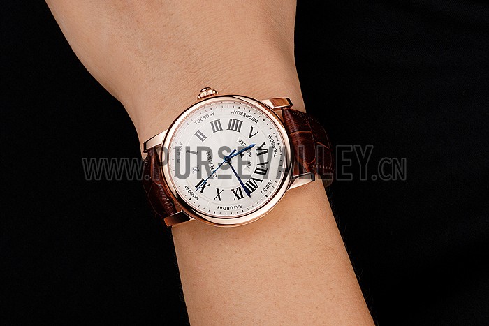 Swiss Cartier Rotonde Annual Calendar White Dial Rose Gold Case Brown Leather Strap