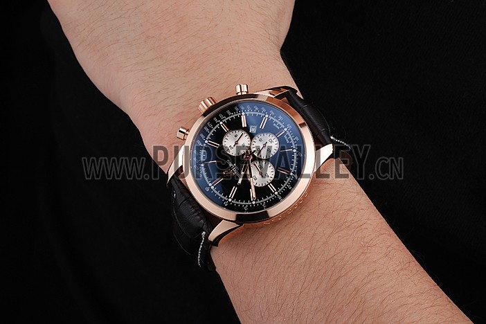 Breitling Transocean Black Dial Black Leather Strap Rose Gold Bezel 98204