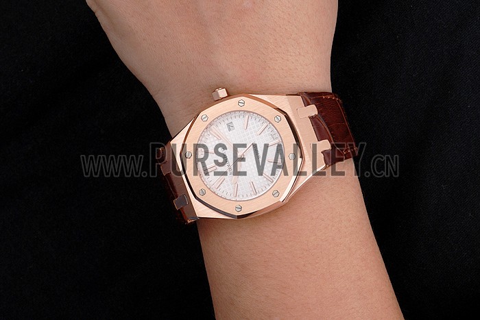 Swiss Audemars Piguet Royal Oak White Dial Gold Case Brown Leather Strap