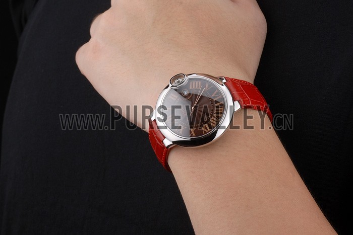 Cartier Ballon Bleu 42mm Brown Dial Stainless Steel Case Red Leather Bracelet