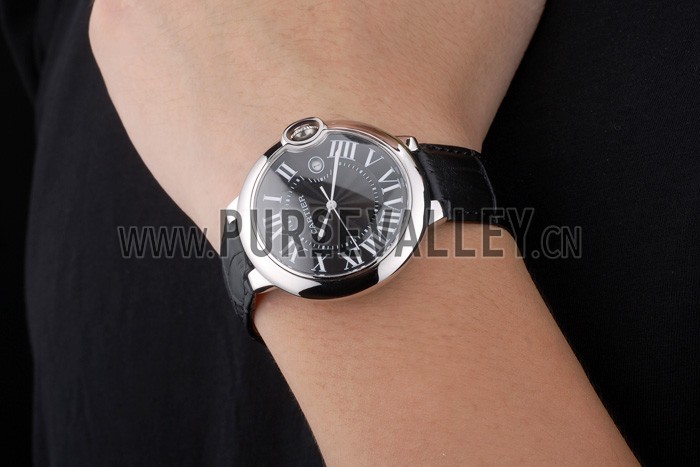 Cartier Ballon Bleu 42mm Black Dial Stainless Steel Case Black Leather Bracelet