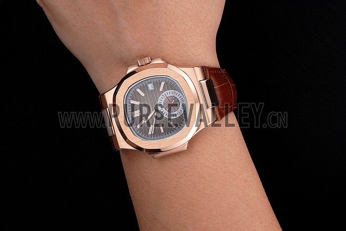 Patek Philippe Nautilus Gray Dial Rose Gold Case Brown Leather Strap