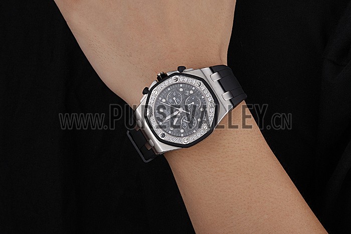 Swiss Audemars Piguet Royal Oak Chronometer Black Dial Diamond Bezel Stainless Steel Case Black Rubber Strap 622867