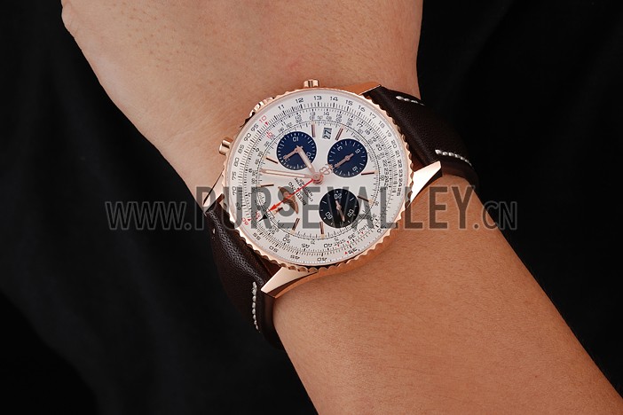 Swiss Breitling Navitimer 01 White Dial Black Subdials Rose Gold Case Brown Leather Strap