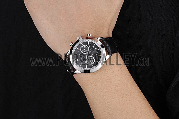 Patek Philippe Moonphase Chronograph Black Dial Stainless Steel Case Black Leather Strap 622842