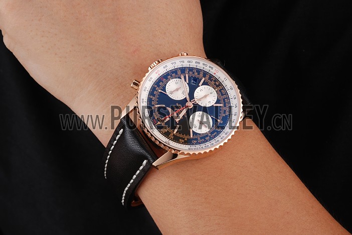 Swiss Breitling Navitimer 01 Black Dial White Subdials Rose Gold Case Black Leather Strap