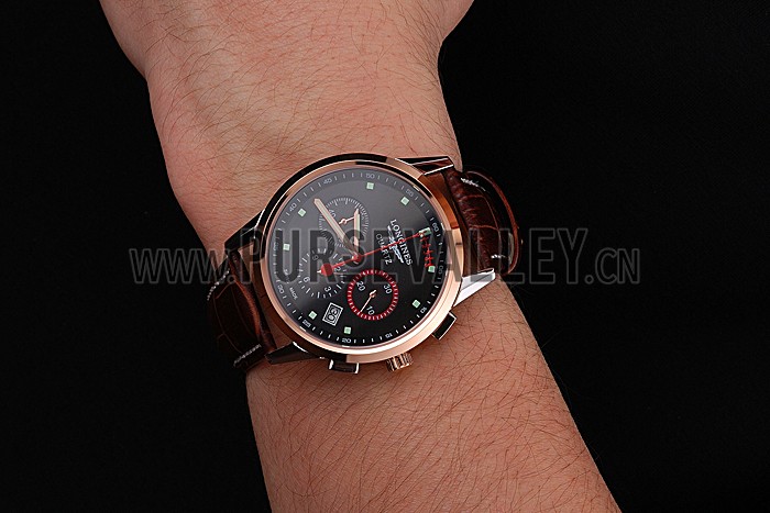 Longines Column Wheel Black Dial Two Tone Case Brown Leather Strap