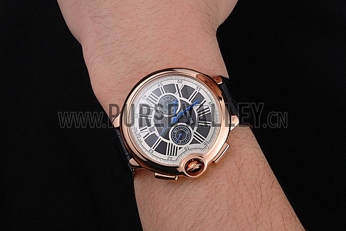 Cartier Ballon Bleu Black Dial Gold Case Black Leather Strap