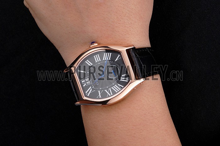 Cartier Tortue Large Date Black Dial Gold Case Black Leather Strap