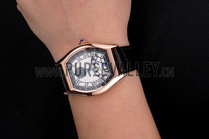 Cartier Tortue Perpetual Calendar White Dial Gold Case Black Leather Strap