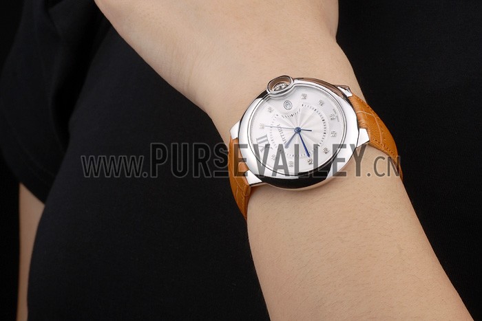 Cartier Ballon Bleu 42mm White Dial Stainless Steel Case Light Brown Leather Bracelet