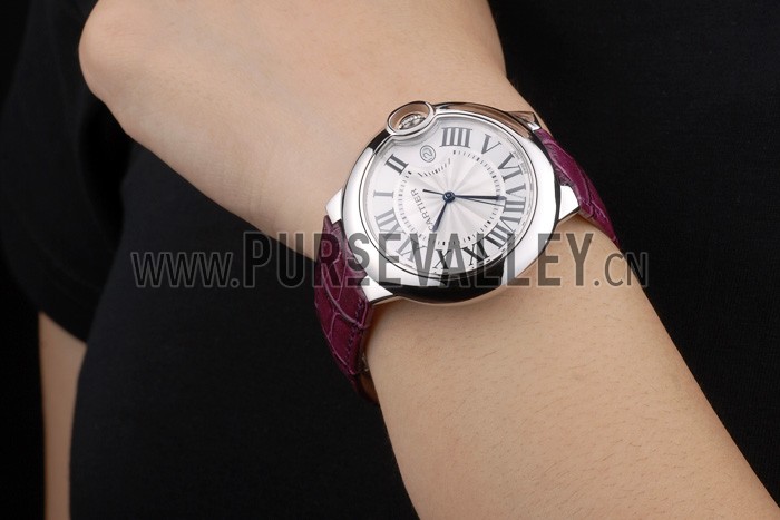 Cartier Ballon Bleu 38mm White Dial Stainless Steel Case Purple Leather Bracelet