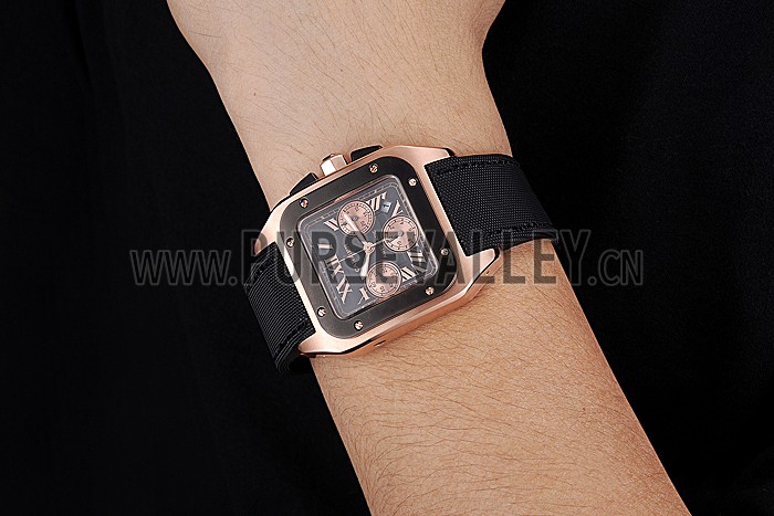 Swiss Cartier Santos Rose Gold Bezel with Black Dial and Black Fabric Strap sct39 621523