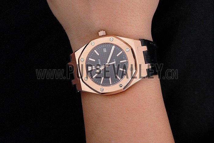 Swiss Audemars Piguet Royal Oak Black Dial Gold Case Black Leather Strap