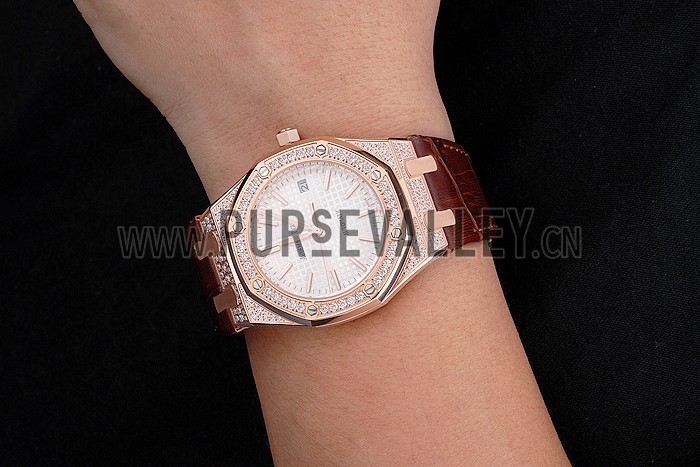 Swiss Audemars Piguet Royal Oak White Dial Gold Case With Diamonds Brown Leather Strap