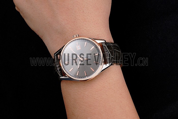 Swiss Tag Heuer Carrera Calibre 5 Gray Dial Rose Gold Case Black Leather Strap