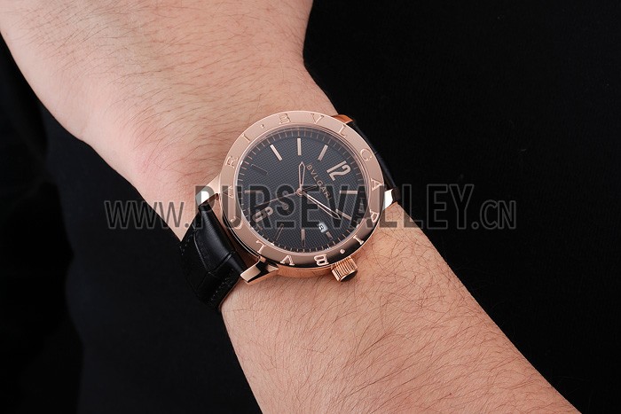 Bvlgari Novelties Black Dial Gold Case Black Leather Strap