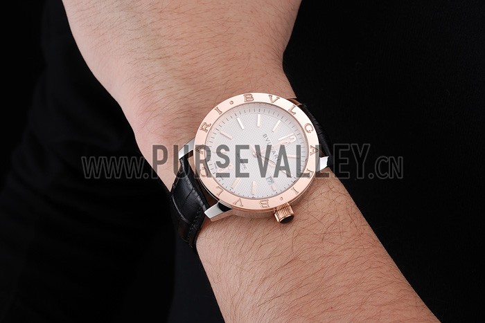Bvlgari Novelties White Dial Gold Case Black Leather Strap