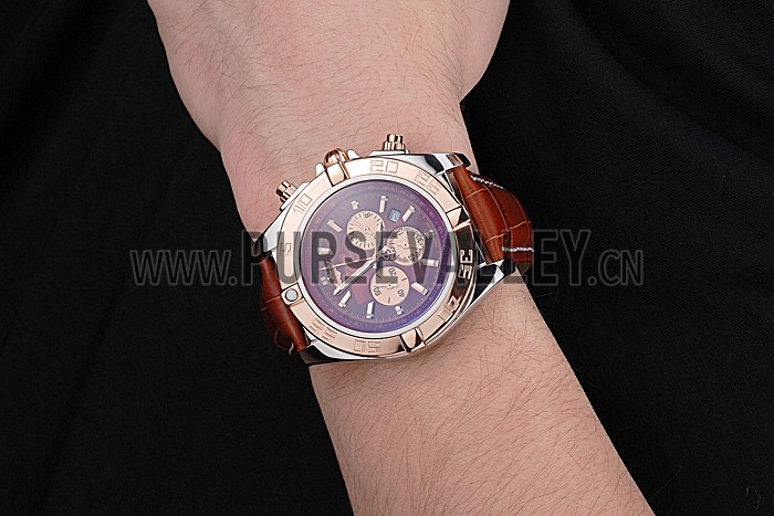 Breitling Chronomat Brown Dial Rose Gold Bezel And Subdials Stainless Steel Case Brown Leather Strap