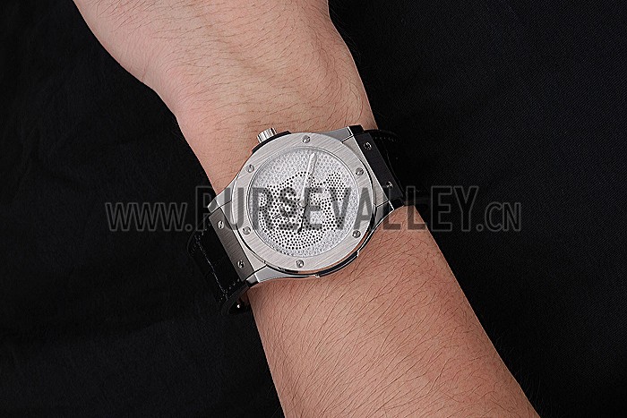 Hublot Classic Fusion Diamond Skull Dial Stainless Steel Case Black Leather Strap 622814