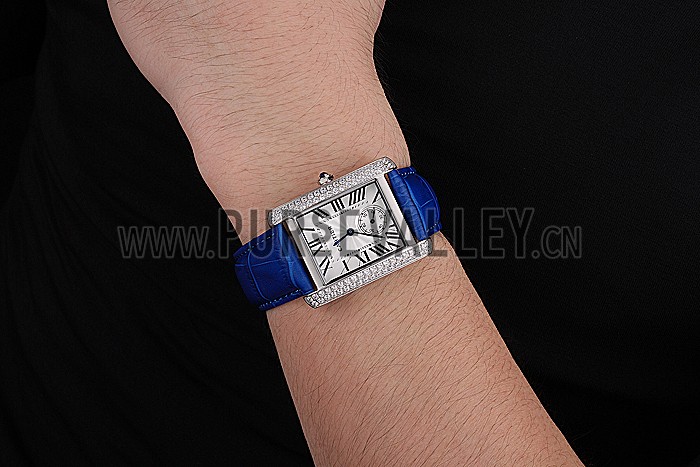 Cartier Tank MC Stainless Steel Diamond Case White Dial Blue Leather Strap 622172
