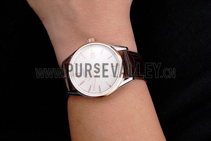 Swiss Tag Heuer Carrera Calibre 5 White Dial Rose Gold Case Brown Leather Strap