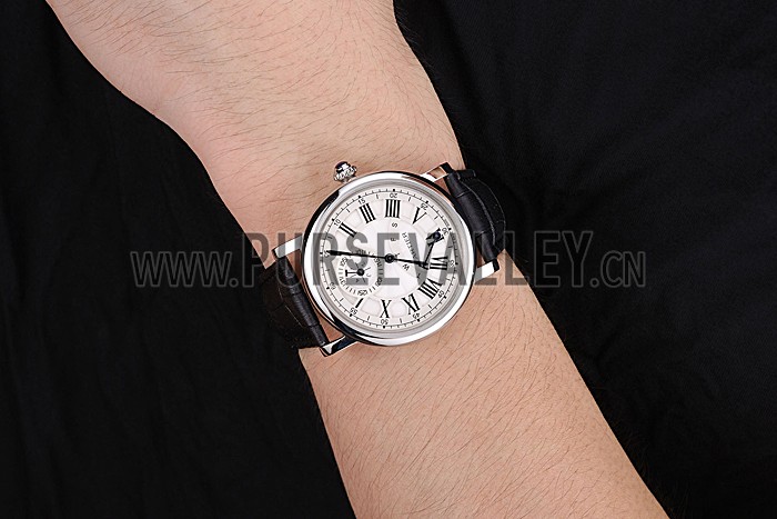 Cartier Rotonde White Dial Stainless Steel Case Black Leather Strap 622757