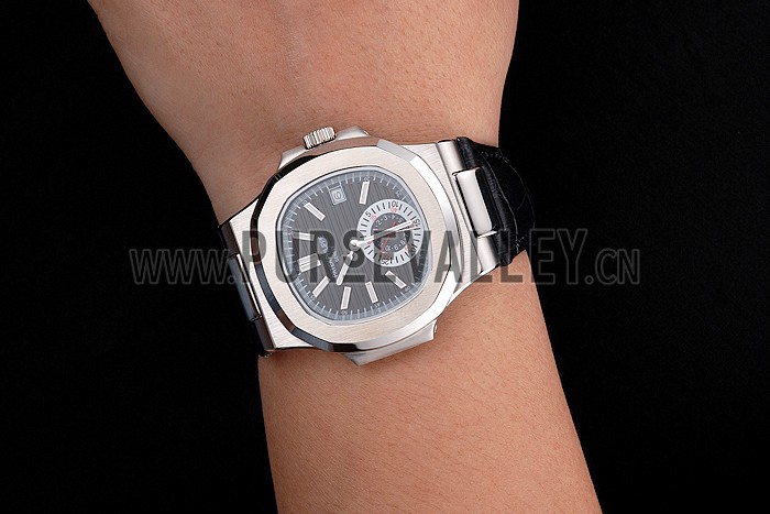 Patek Philippe Nautilus Black Dial Stainless Steel Case Black Leather Strap