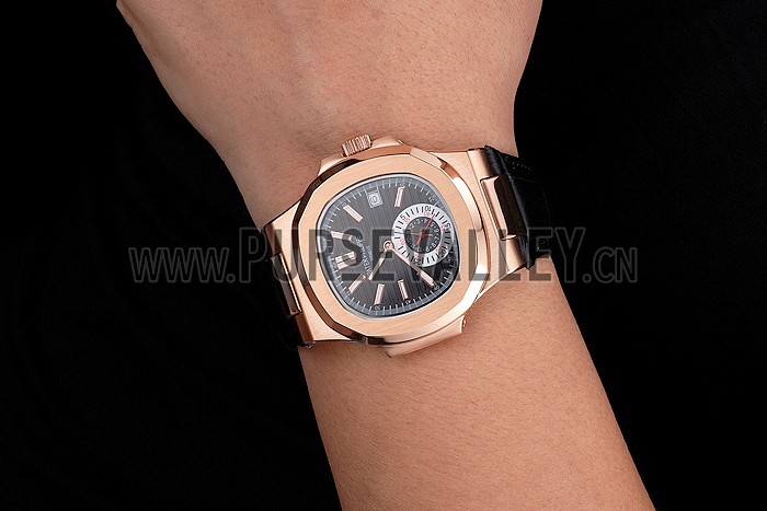 Patek Philippe Nautilus Black Dial Rose Gold Case Black Leather Strap