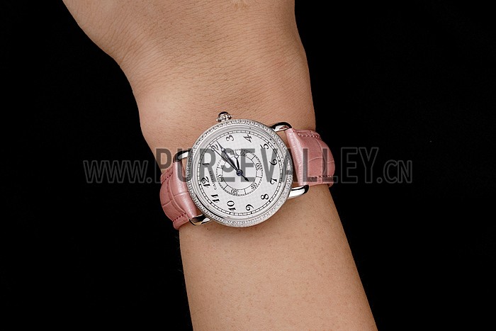 Cartier Ronde White Dial Diamond Bezel Stainless Steel Case Pink Leather Strap