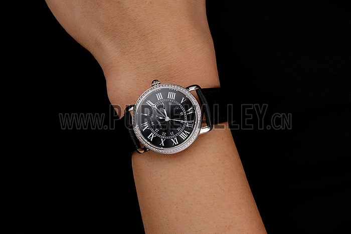Cartier Ronde Black Dial Diamond Bezel Stainless Steel Case Black Leather Strap